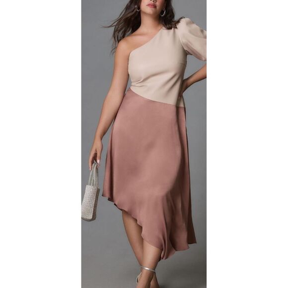 Anthropologie Faux Leather One-Shoulder Asymmetrical Midi Dress - Picture 1 of 8